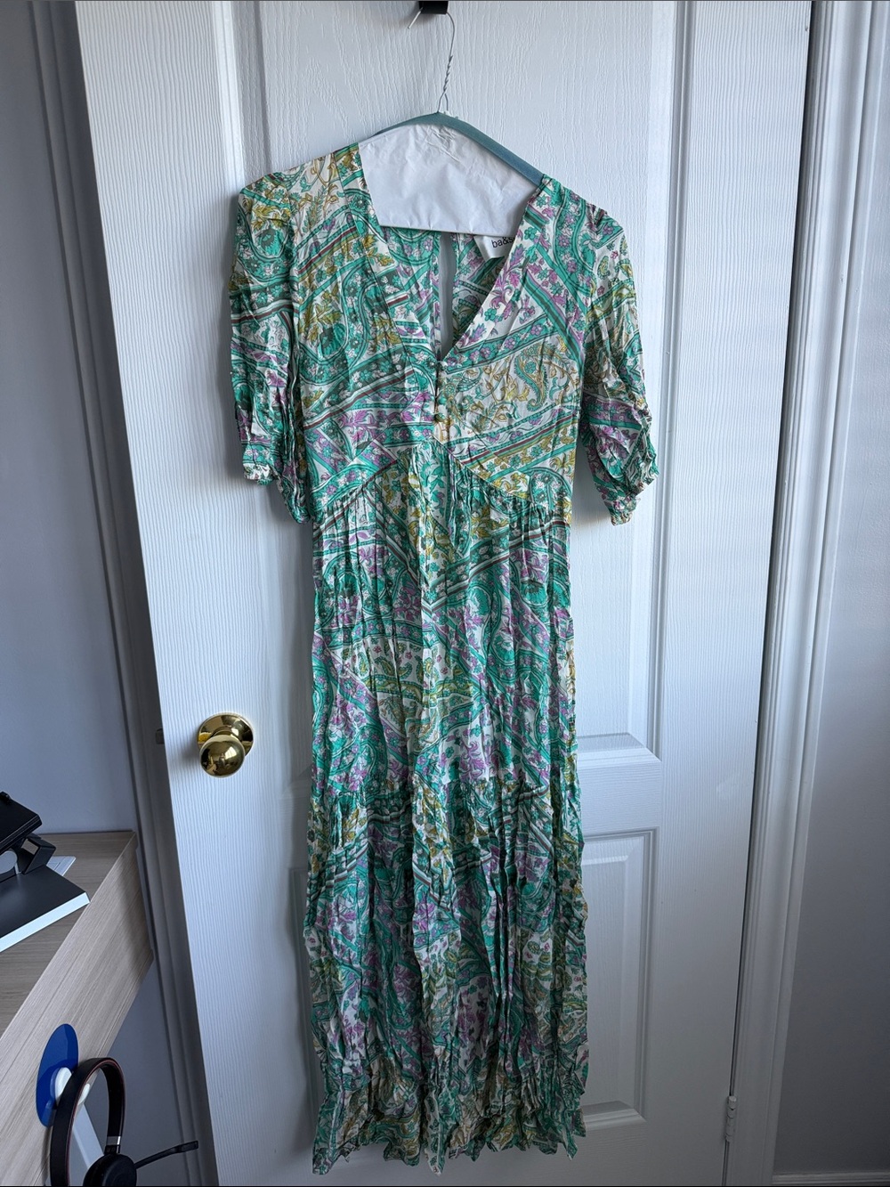 ba&sh Paisley Print V-Neck Maxi Dress in Green and Pink